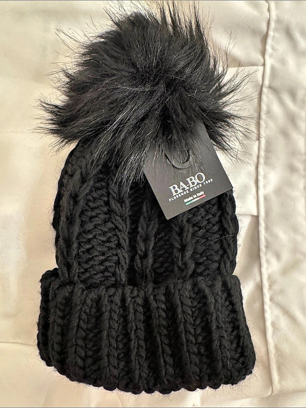 BABO Knit Pom Beanie in Black NWT